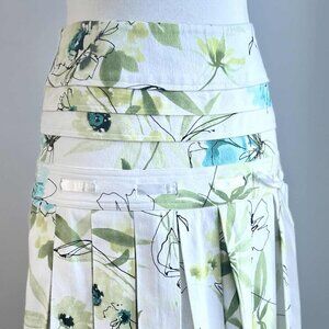 Vintage Simon Chang White Botanical Pleated Skirt with Ribbon Hip Detail – US 2P